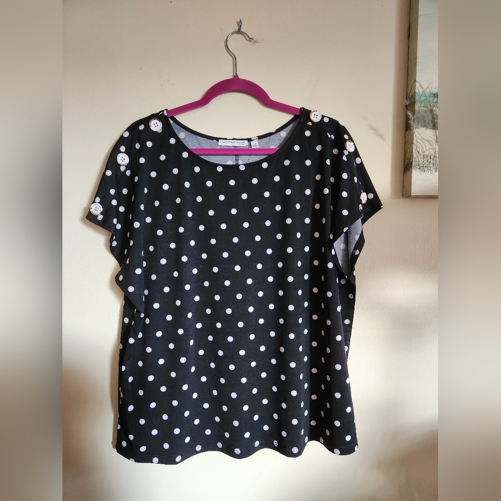 Notations plus size polka dot top black white buttons 1x
